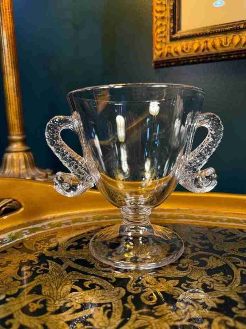 Vintage Glass Pedestal cup with Figural Fish Handles